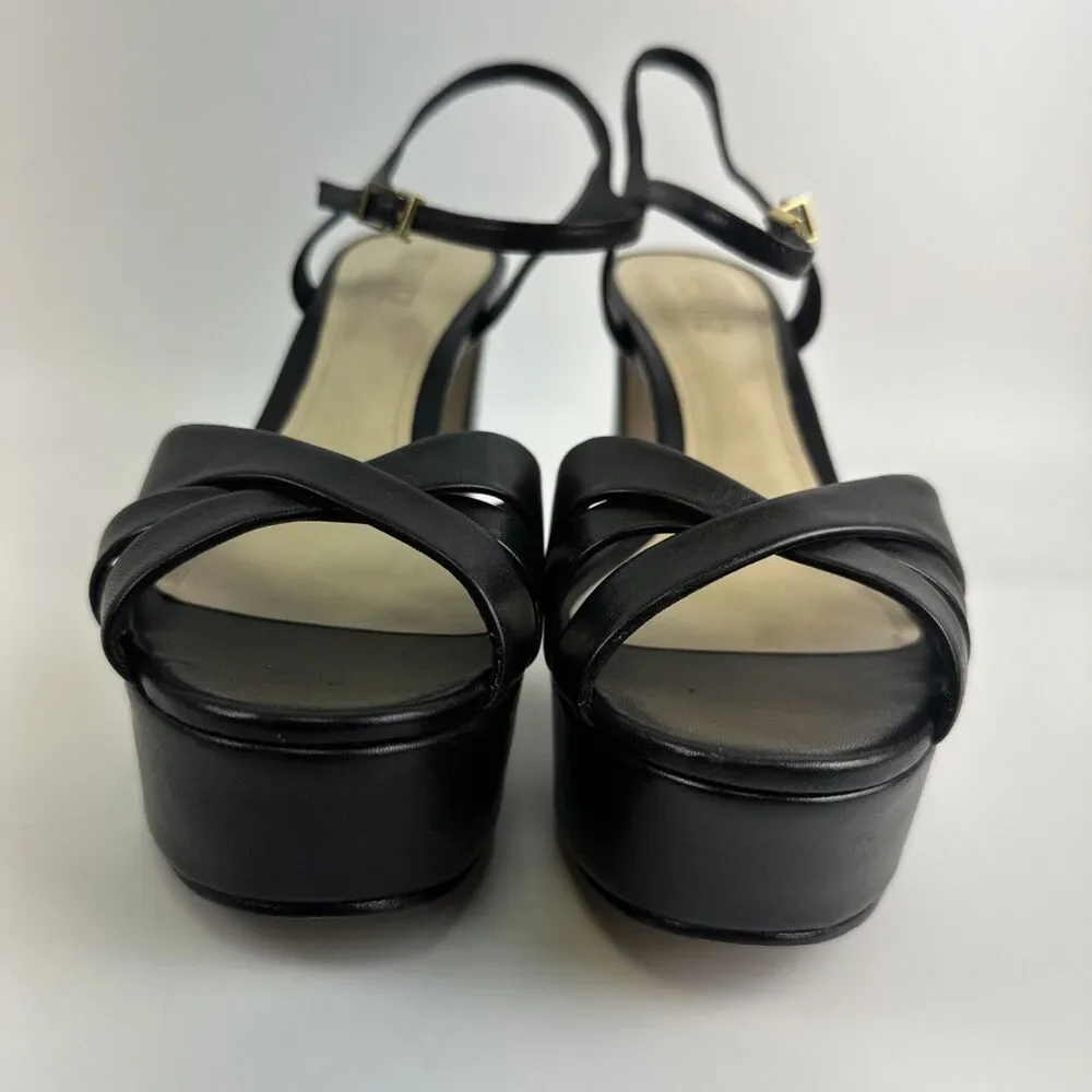 SCHUTZ Keffa Heel Sandal Black Leather Strappy Ankle Buckle High Block Heel 9